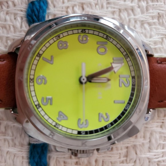 Coach Boyfriend NeonGreen Dial Brown Leather Strap - Picture 3 of 8